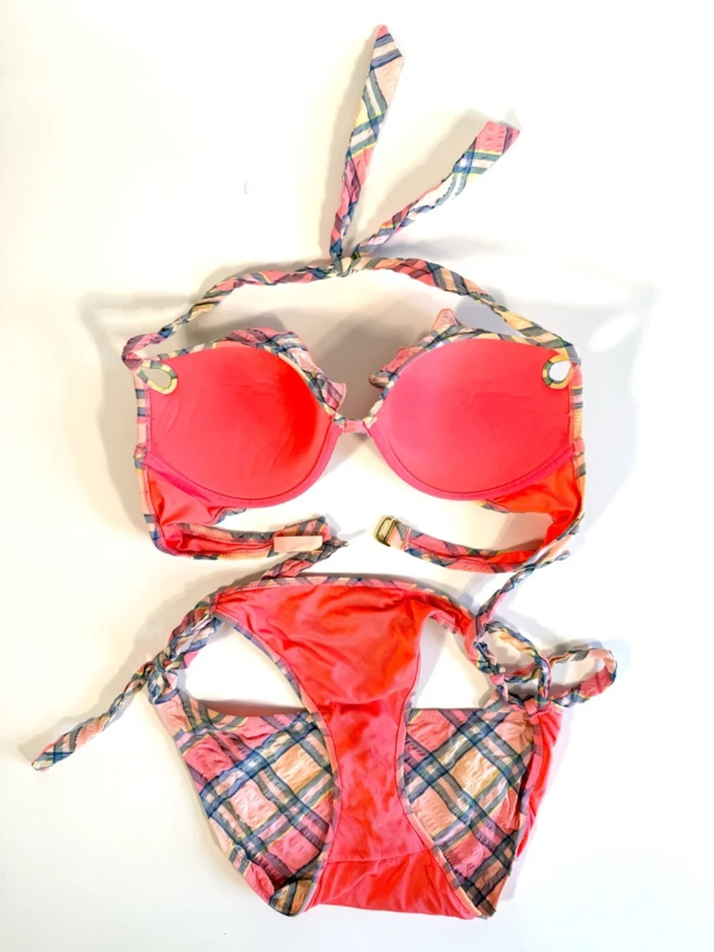 Victoria's Secret Seersucker Ruffled Push Up Bikini Set Plaid Pink Blue 36C LG - Picture 9 of 9